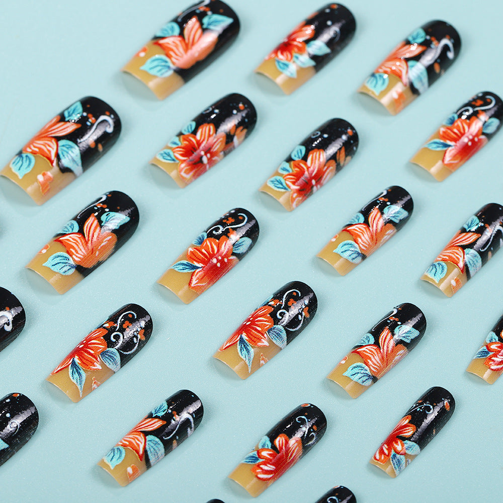 Tropical Paradise Floral Black Medium Square Press On Nail Set with Vibrant Colorful Designs and Elegant Shape