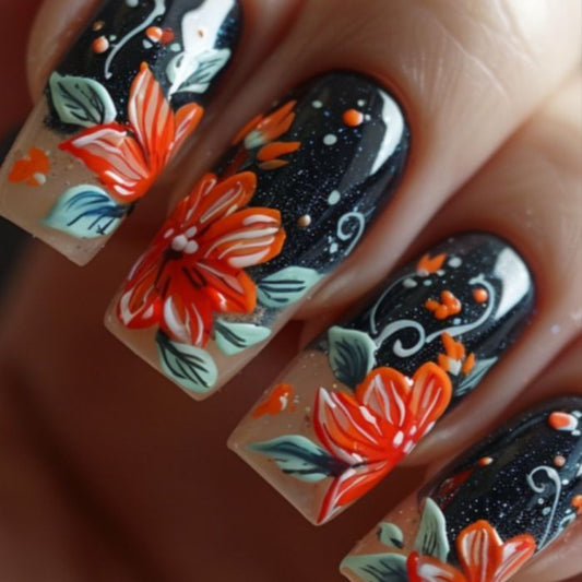 Floral Elegance Long Square Clear Press On Nail Set with Vibrant Hand-Painted Flower Design