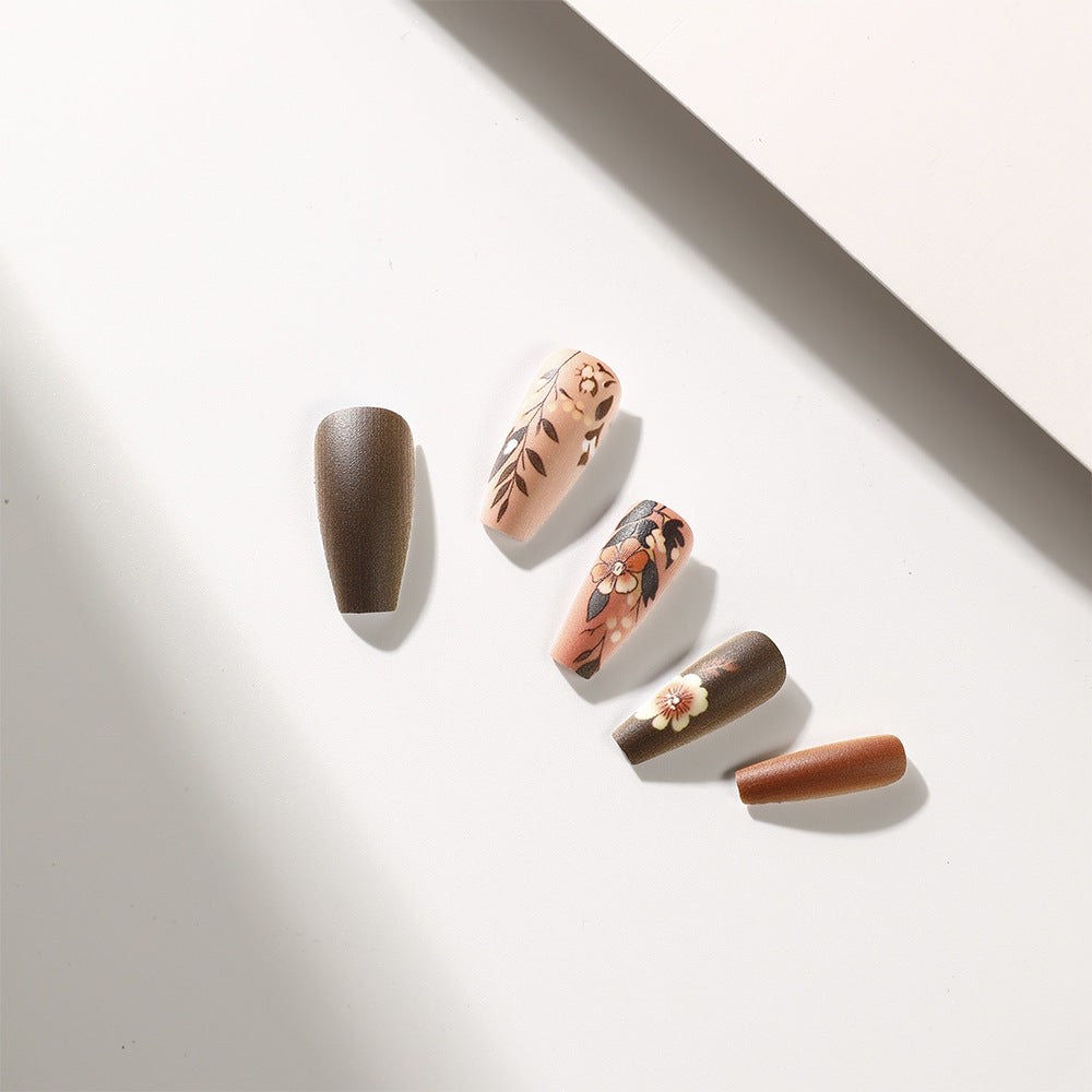 Bohemian Chic Medium Coffin Brown Floral Print Press On Nail Set
