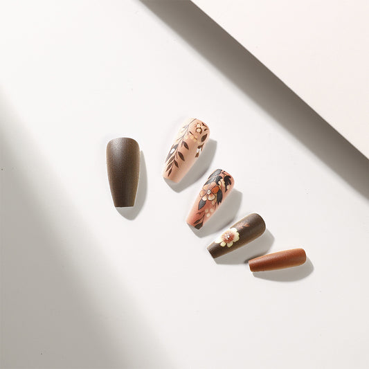 Bohemian Chic Medium Coffin Brown Floral Print Press On Nail Set
