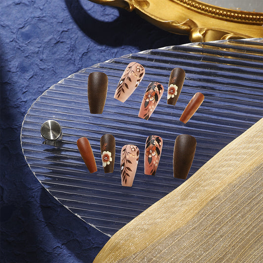 Bohemian Elegance Medium Coffin Brown Pastel Floral and Leaf Design Press On Nail Set