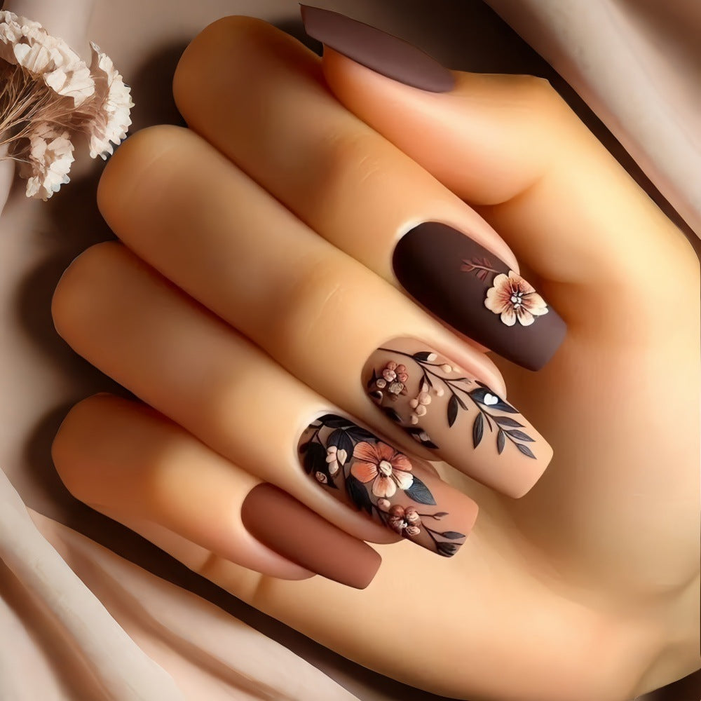 Elegant Autumn Vibes Medium Square Chocolate Brown with Botanical Floral Designs Press On Nail Set