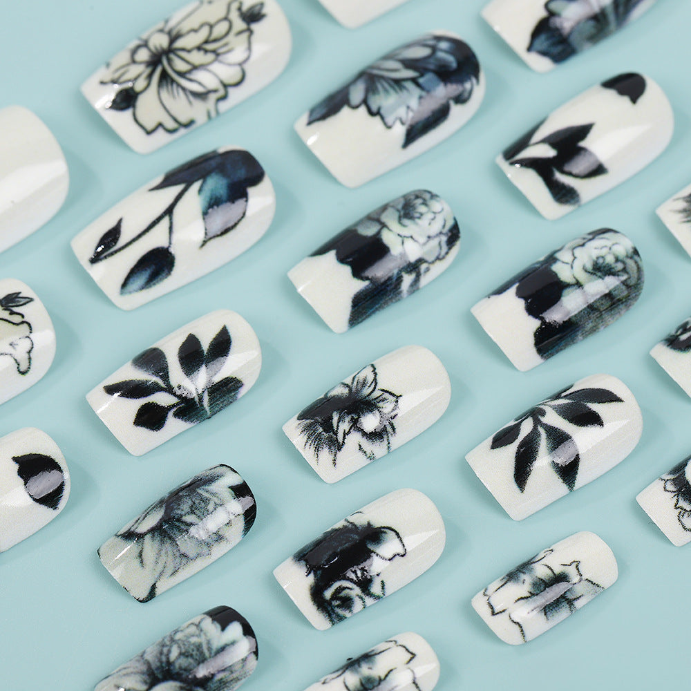 Floral Elegance Short Square White with Artistic Botanical Designs Press On Nail Set