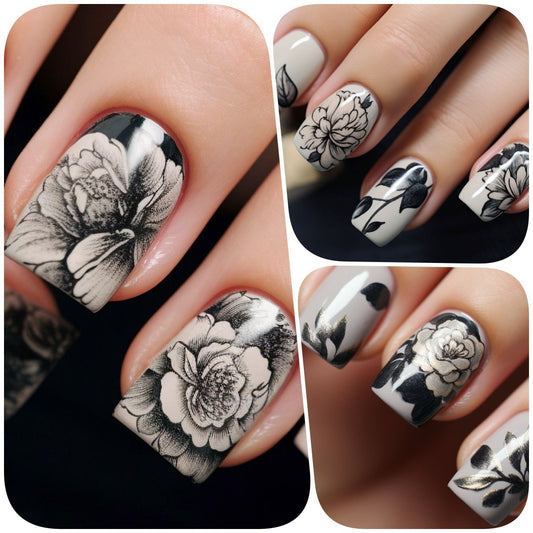Elegant Floral Fantasy Short Square Black and White Press-On Nail Set with Intricate Detailed Designs