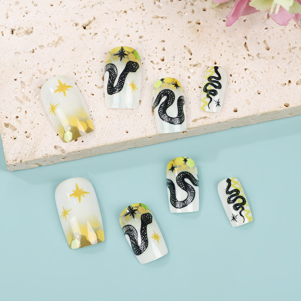 Cosmic Serpent Press-On Nail Set Medium Square Glossy White with Black Snake and Star Design