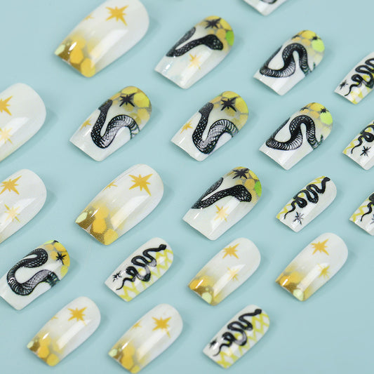 Celestial Chic Medium Square White and Yellow Press on Nails with Star and Snake Design