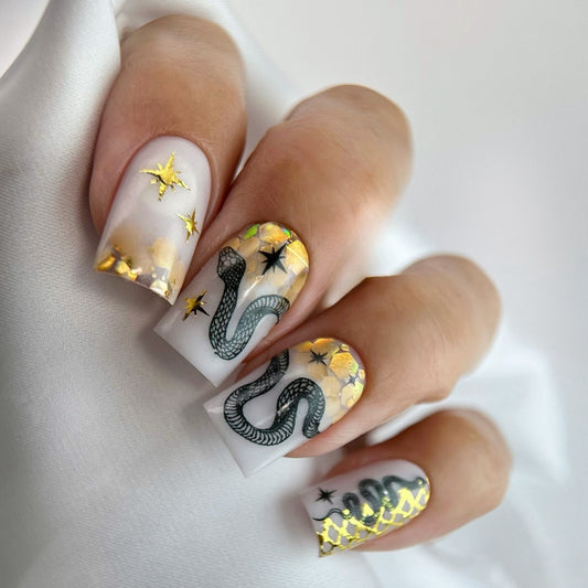 Mystical Charm Medium Square White with Gold Accents and Snake Design Nail Set