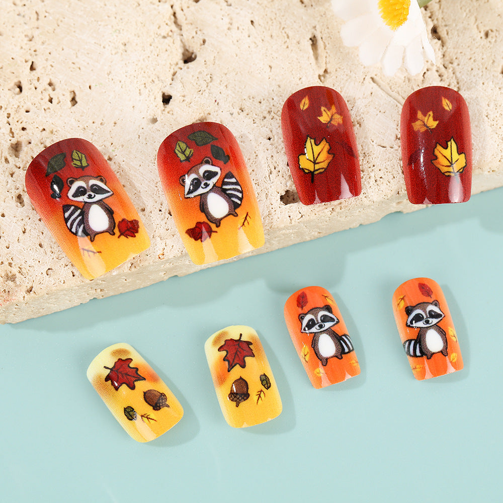 Autumn Adventure Short Square Orange Red with Adorable Raccoon Design Press On Nail Set