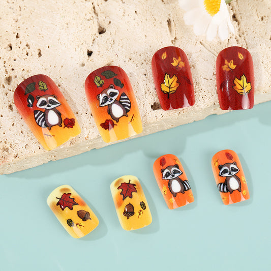 Autumn Adventure Short Square Orange Red with Adorable Raccoon Design Press On Nail Set