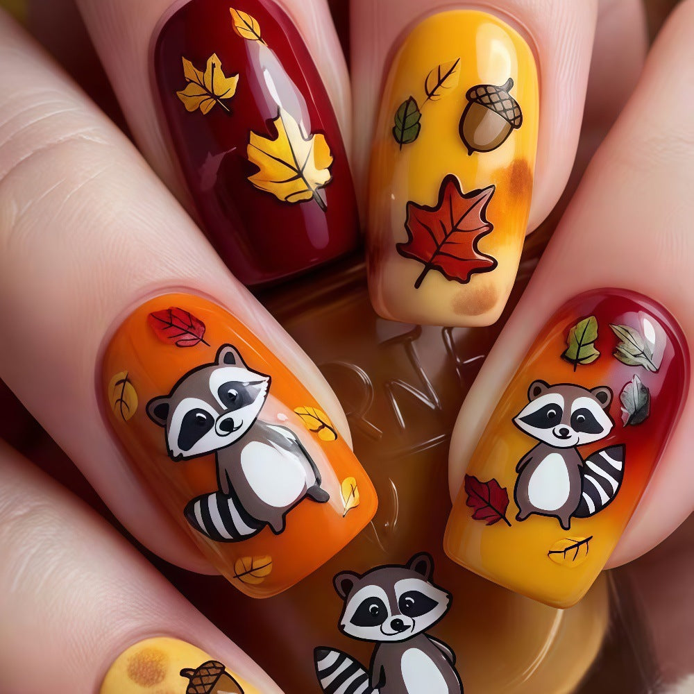 Autumn Wonderland Medium Square Burgundy Orange and Yellow Featuring Adorable Raccoon and Leaf Designs Press On Nail Set