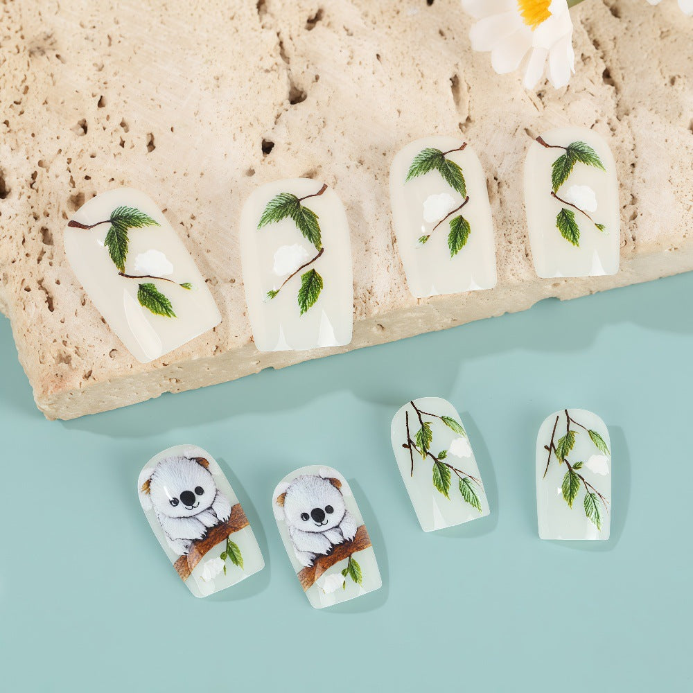 Whimsical Koala Dream Press On Nail Set Short Square Creamy White with Nature Inspired Artwork