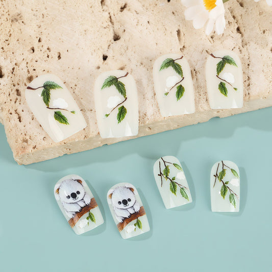 Whimsical Koala Dream Press On Nail Set Short Square Creamy White with Nature Inspired Artwork