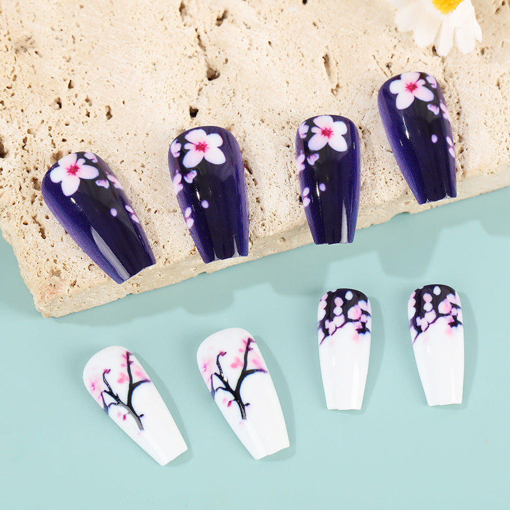 Cherry Blossom Dream Press-On Nails Medium Coffin Purple and White Floral Design