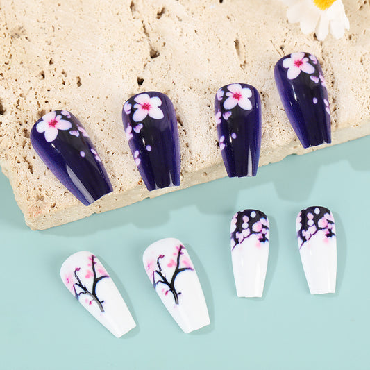 Cherry Blossom Dream Press-On Nails Medium Coffin Purple and White Floral Design