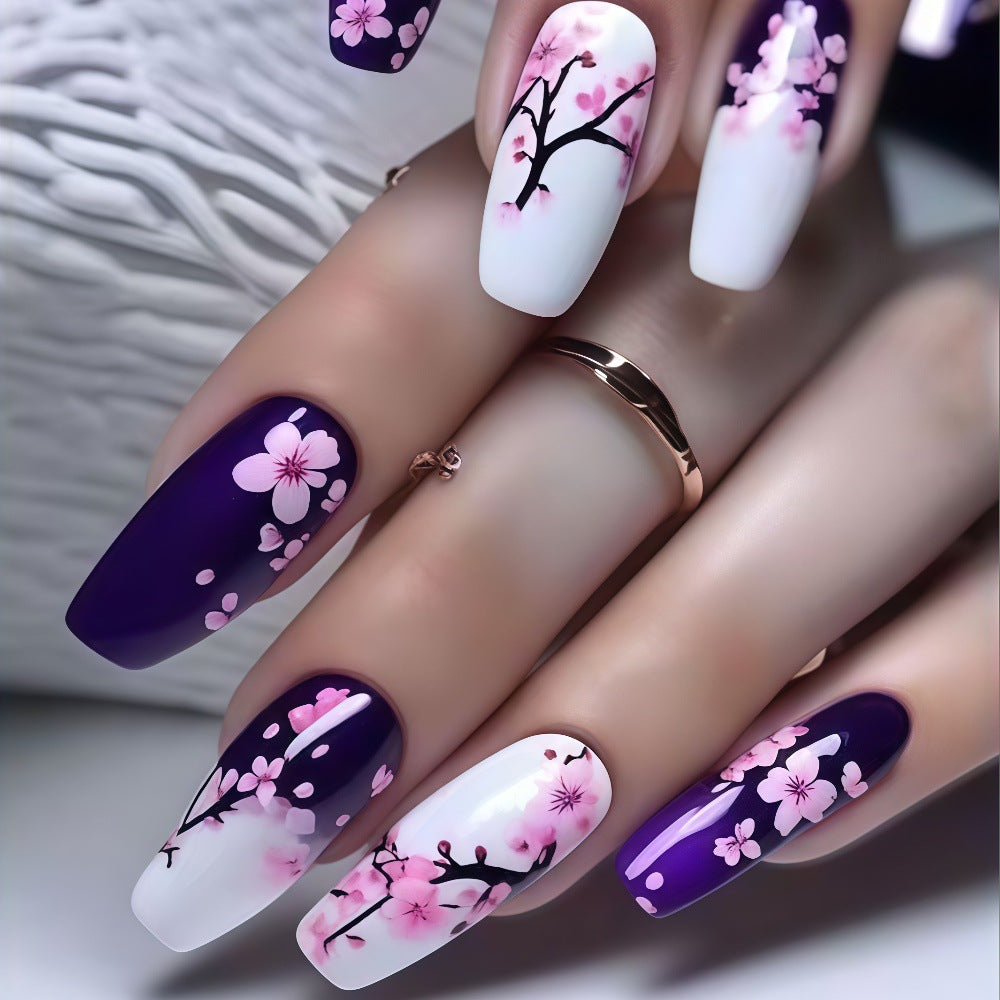 Cherry Blossom Fantasy Long Coffin Purple and White Floral Press On Nail Set with Artistic Tree Design