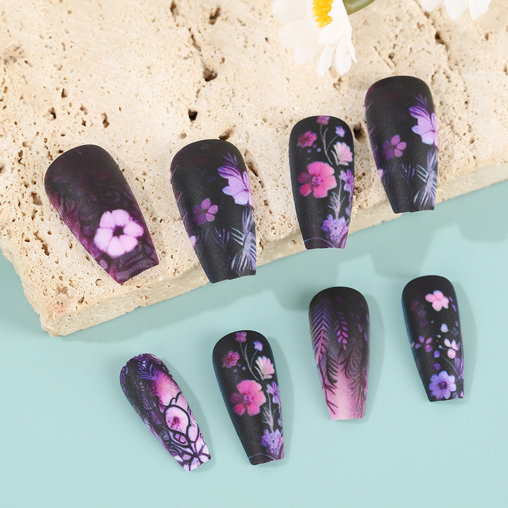 Floral Fantasy Long Coffin Matte Purple Nail Set with Vibrant Flower Designs