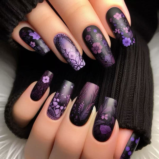 Elegant Evening Blossoms Long Coffin Purple Floral Matte Press On Nail Set