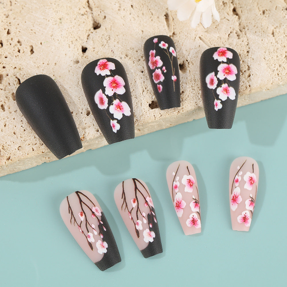 Blossom Elegance Long Coffin Matte Black and Soft Pink Floral Press On Nail Set