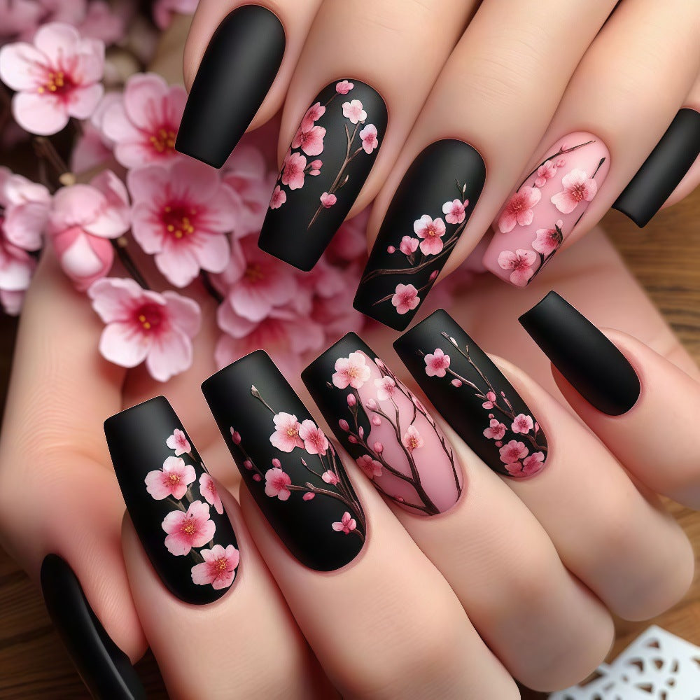 Blossom Elegance Long Coffin Black and Pink Floral Art Press On Nail Set