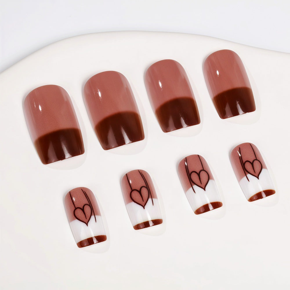 Romantic Elegance Bold Short Square Brown Ombre Nails with Heart Design