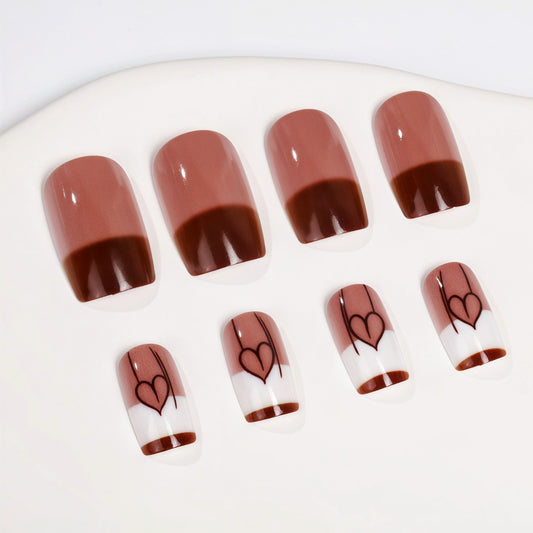 Romantic Elegance Bold Short Square Brown Ombre Nails with Heart Design