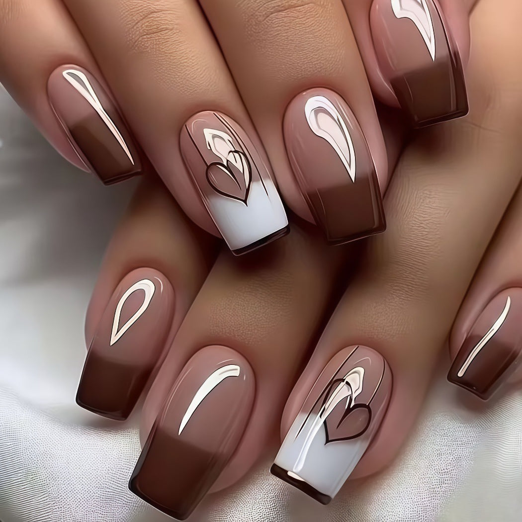 Chic Romance Medium Square Brown and White Press On Nail Set with Heart Designs