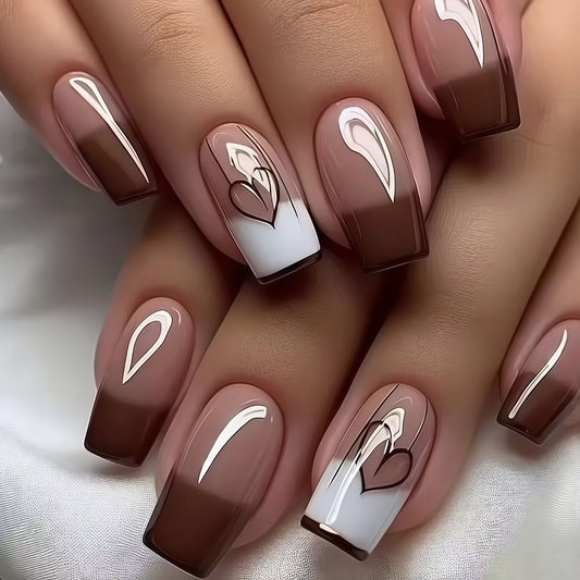 Chic Romance Medium Square Brown and White Press On Nail Set with Heart Designs