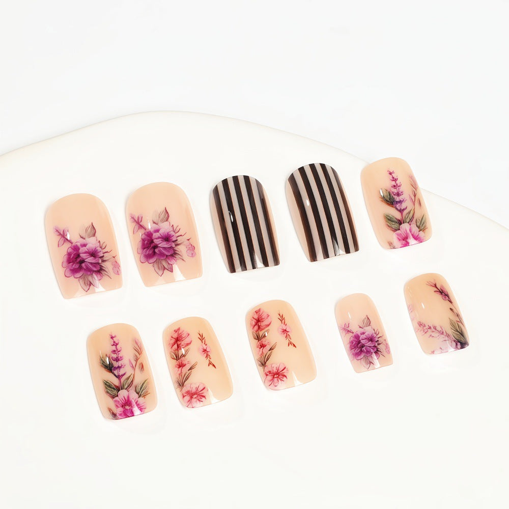 Floral Fantasy Short Square Beautifully Printed Nail Set with Unique Botanical Designs and Stripes