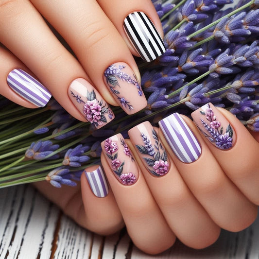 Lavender Dreams Medium Square Purple Floral Press On Nails with Trendy Striped Design