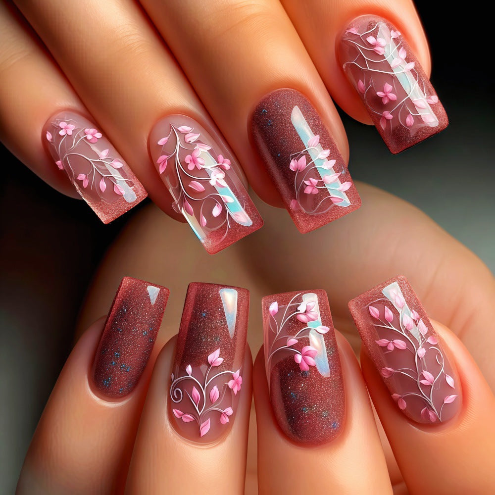 Blossoming Elegance Medium Square Pink Colorful Floral Design Press on Nail Set