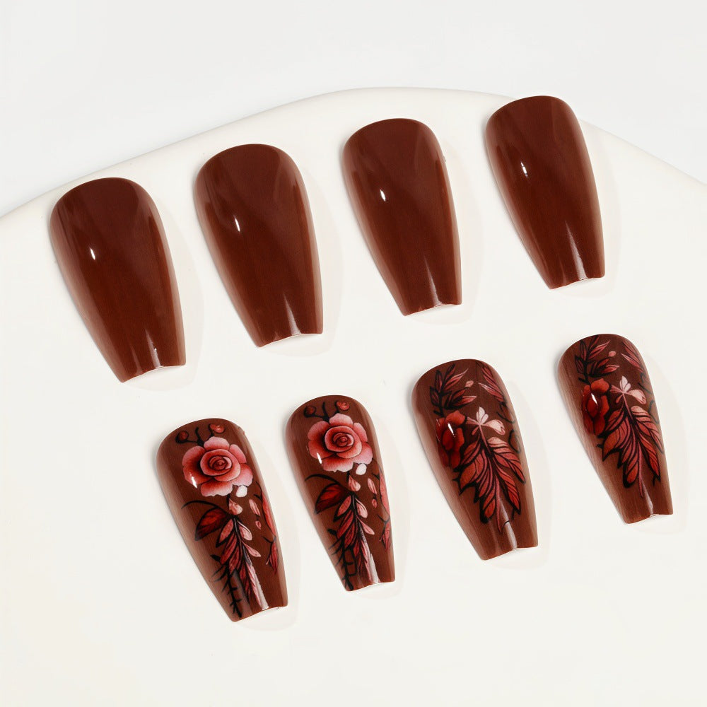 Elegant Rose Garden Long Coffin Brown Press-On Nail Set with Intricate Floral Designs