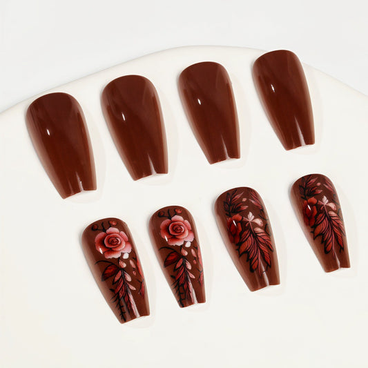 Elegant Rose Garden Long Coffin Brown Press-On Nail Set with Intricate Floral Designs