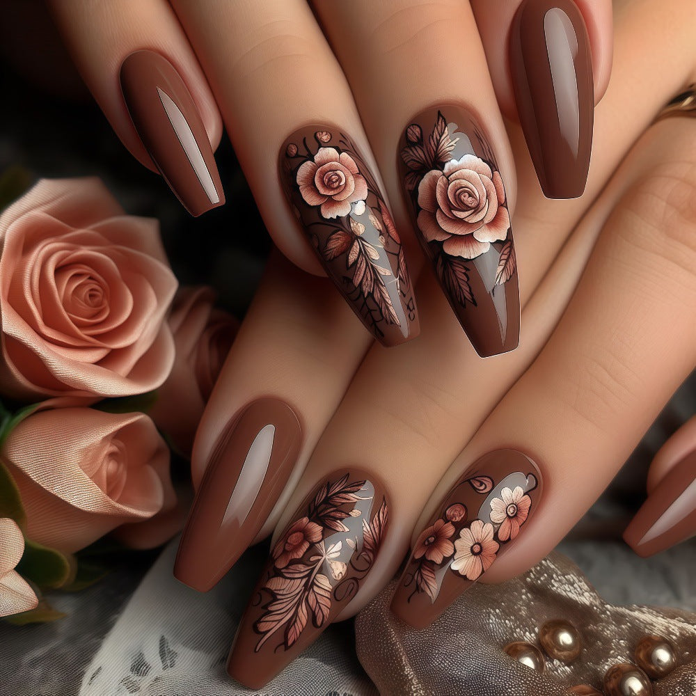 Vintage Garden Charm Elegant Long Coffin Shaped Brown Press On Nail Set with Intricate Floral Artwork