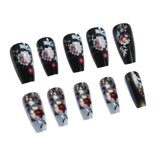 Enchanting Floral Elegance Long Coffin Shaped Black and Gray Press On Nail Set with Intricate Hand-Painted Flower Designs