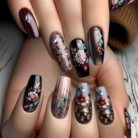 Floral Elegance Long Coffin Press on Nail Set in Deep Burgundy and Elegant Gray with Intricate Hand-Painted Designs