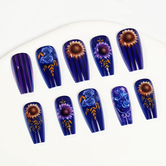 Floral Fantasy Long Coffin Navy Blue Press On Nail Set with Stunning Hand-Painted Designs