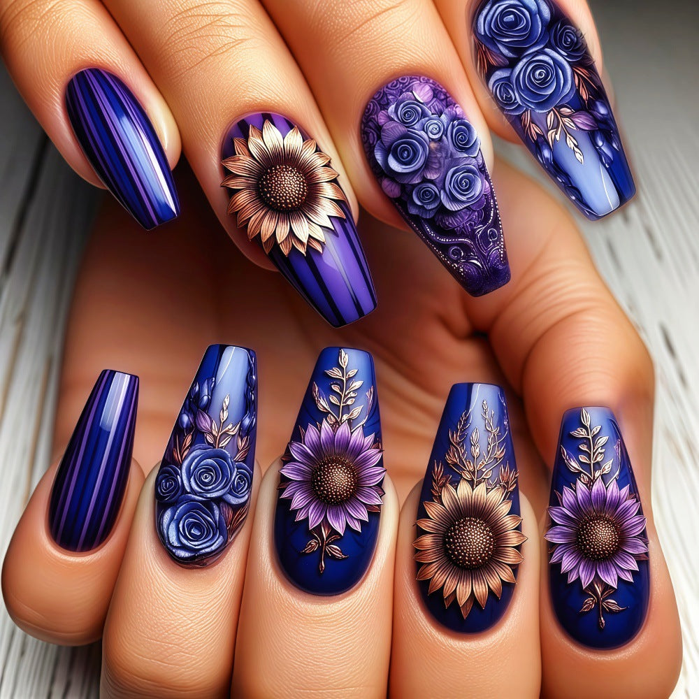 Floral Dreams Long Coffin Purple Press on Nail Set with Stunning Metallic Flower Designs