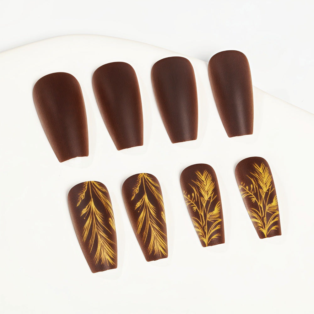 Autumn Elegance Long Coffin Matte Brown Press On Nail Set with Delicate Gold Botanical Design