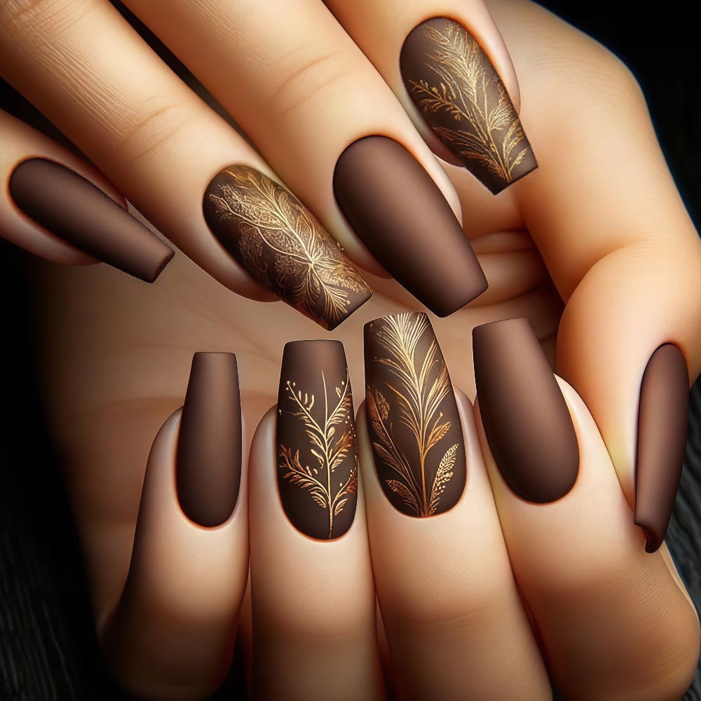 Cozy Autumn Elegance Long Coffin Brown with Gold Leaf Design Press on Nail Set