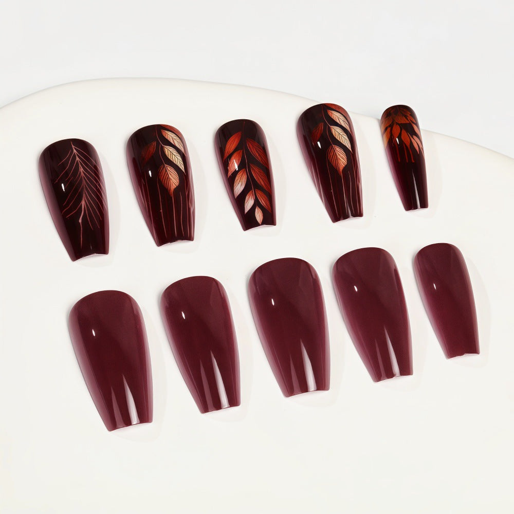 Autumn Elegance Long Coffin Deep Burgundy Press On Nail Set with Captivating Leaf Designs