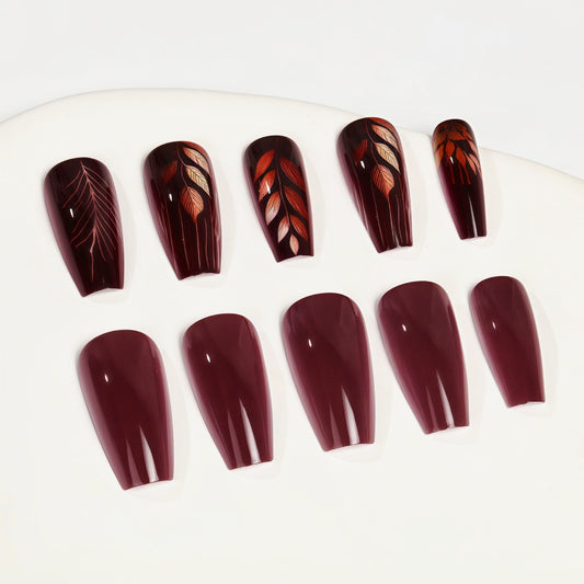 Autumn Elegance Long Coffin Deep Burgundy Press On Nail Set with Captivating Leaf Designs