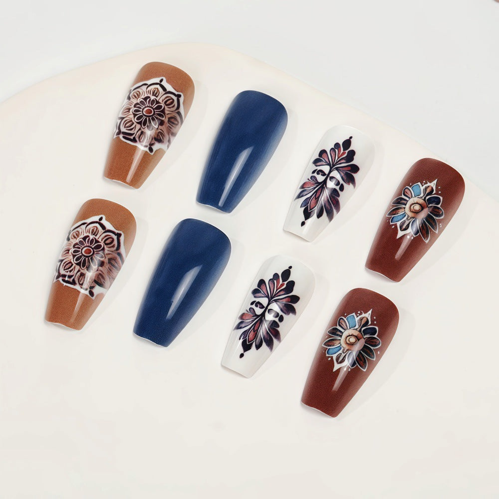 Bohemian Chic Long Coffin Brown and Blue Floral Art Press On Nail Set