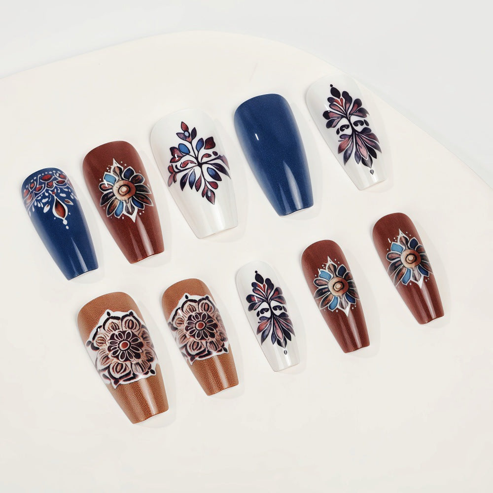 Bohemian Elegance Long Coffin Blue and Brown Floral Design Press-On Nail Set