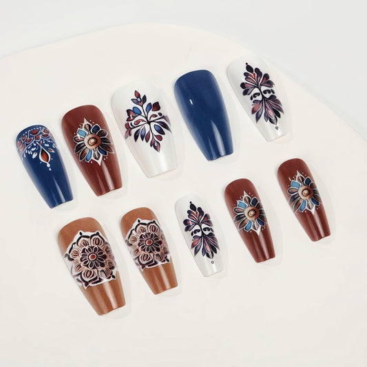 Bohemian Elegance Long Coffin Blue and Brown Floral Design Press-On Nail Set