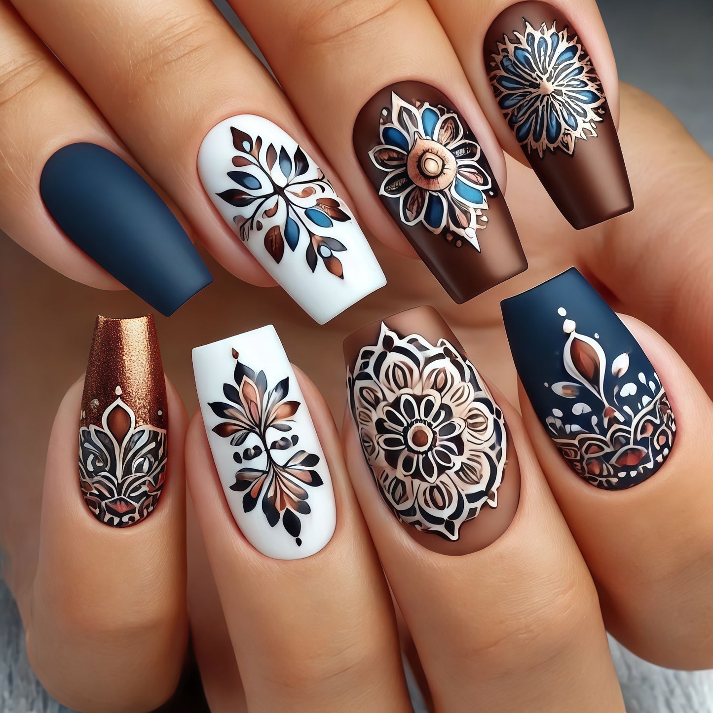 Bohemian Elegance Extra Long Square Shaped Dark Brown and White Floral Press On Nail Set with Metallic Accents