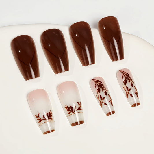 Autumn Whispers Elegant Long Coffin Shaped Deep Brown and Soft Blush Floral Gradient Press on Nail Set