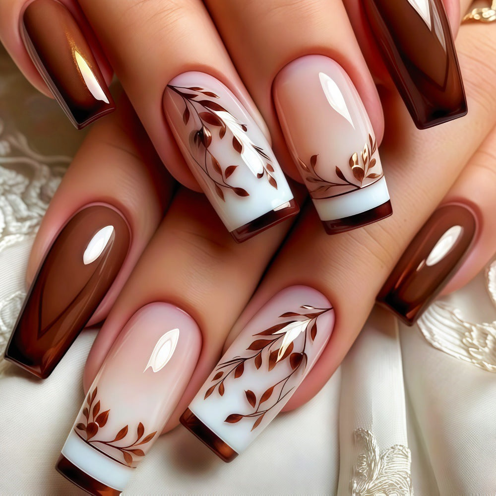 Autumn Elegance Long Square Ombre Brown with Delicate Leaf Accents Press-On Nail Set