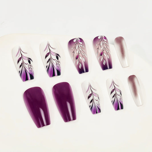 Mystical Orchid Long Coffin Purple Ombre Floral Nail Set