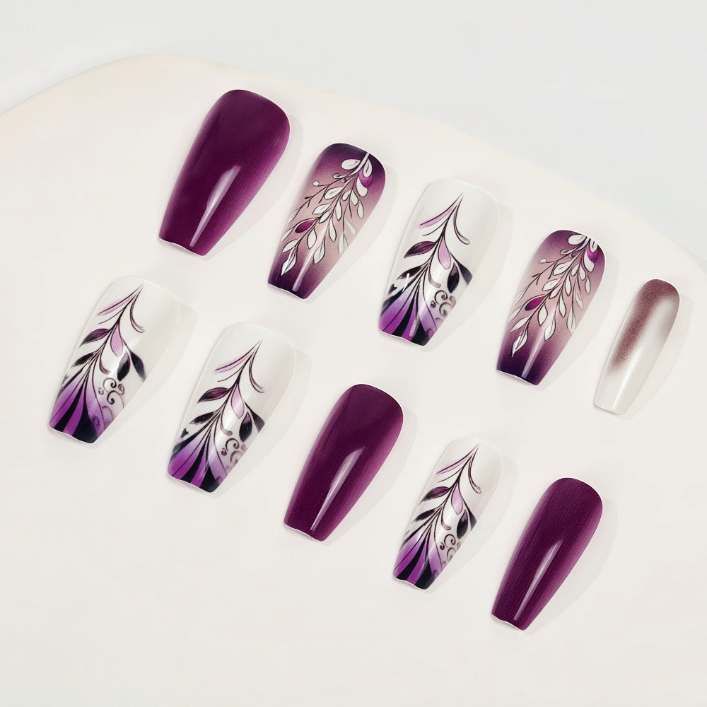 Whimsical Elegance Long Coffin Purple Gradient Nails with Intricate Floral Designs