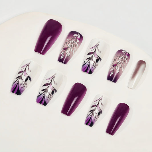 Whimsical Elegance Long Coffin Purple Gradient Nails with Intricate Floral Designs